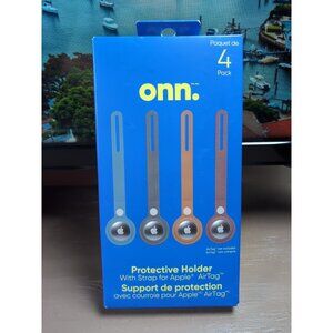 onn. Protective Holder with Strap for Apple AirTag, Vegan Leather, Neutrals, 4PK